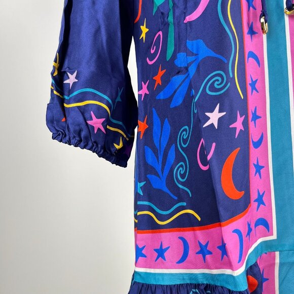 $398 NWOT Johnny Was Silk Blend Floral Mini Dress Size S Lace-up Stars Moon - Picture 6 of 13